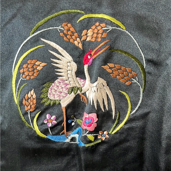 Vintage 1960s Chinese 100% Silk Black Embroidered Jacket Mandarin Collar Medium - Picture 6 of 16